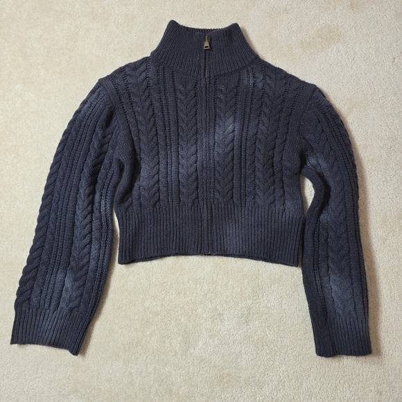 POL Size L Cable Knit Mock Neck Zip Up Cropped Sweater Charcoal Gray - Picture 3 of 6
